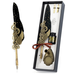 Feather Pen and Ink Set, Mechanic Style Quill Calligraphy Pen with Blue or Black Ink, 2 Replacement Nibs and Pen Holder, Vintage Signature Fountain Pen Dip Pen Gift Set